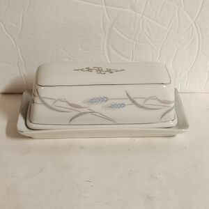 Vintage Valmont China Covered Butter Dish Royal Wheat 2pc Purple Blue 6 1/2"